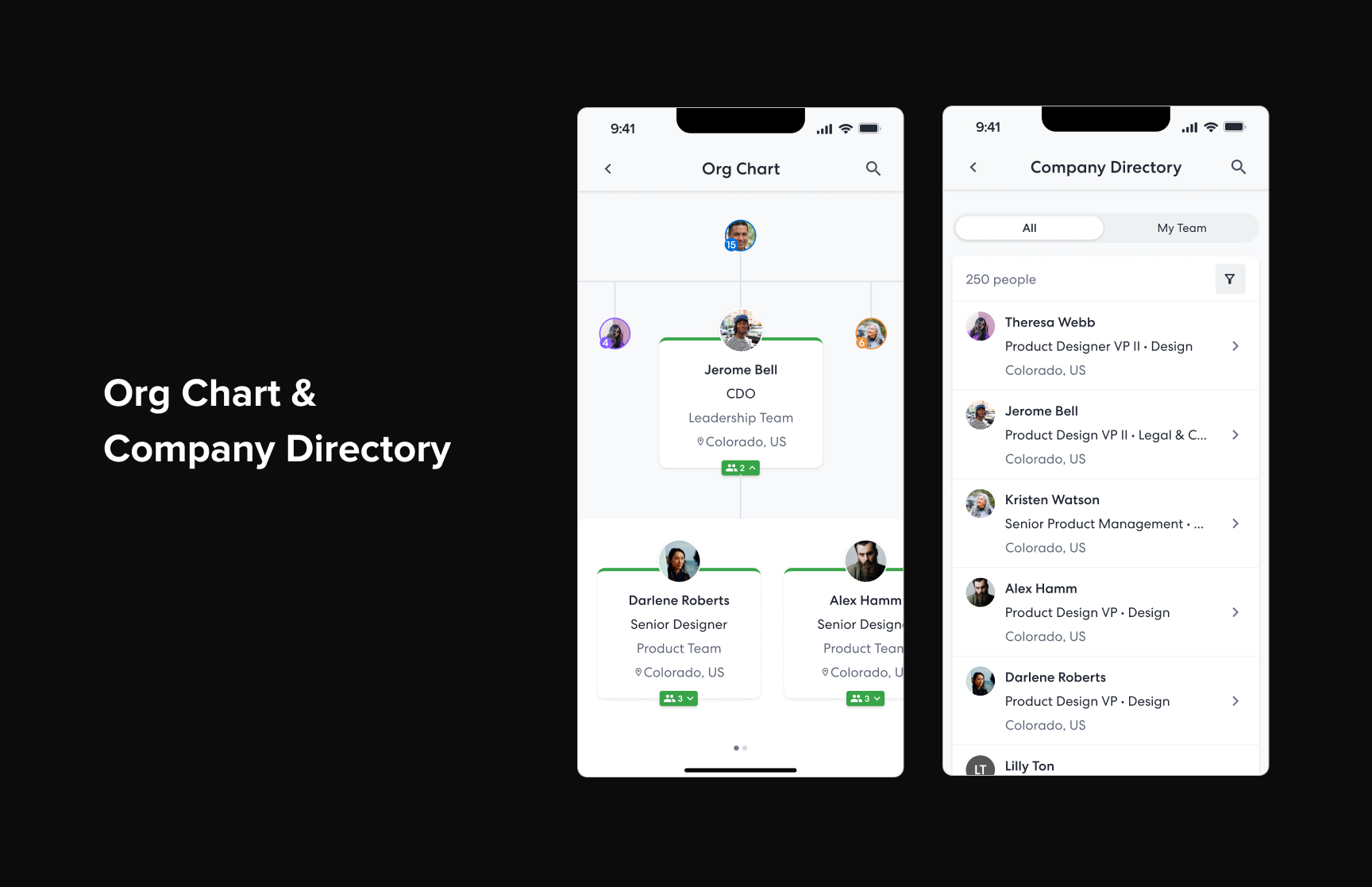 Org chart and company directory with search, reporting structure, and contact details